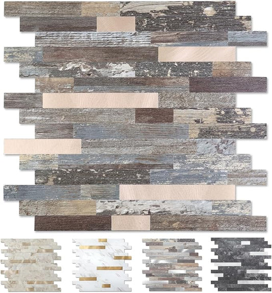 Yipscazo 5 Sheets Peel and Stick Stone Metal Tile Backsplash, Stick on Tiles for Backsplash Kitchen, Bathroom, Laundry Room, Camper, Fireplace (12'' X 12'', Mix Rustic with Gold)