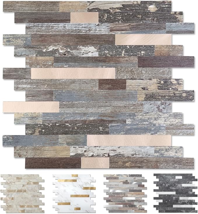 Yipscazo 1 Sheet Peel and Stick Stone Metal Tile Backsplash, Stick on Tiles for Backsplash Kitchen, Bathroom, Laundry Room, Camper, Fireplace (12'' X 12'', Mix Rustic with Gold)
