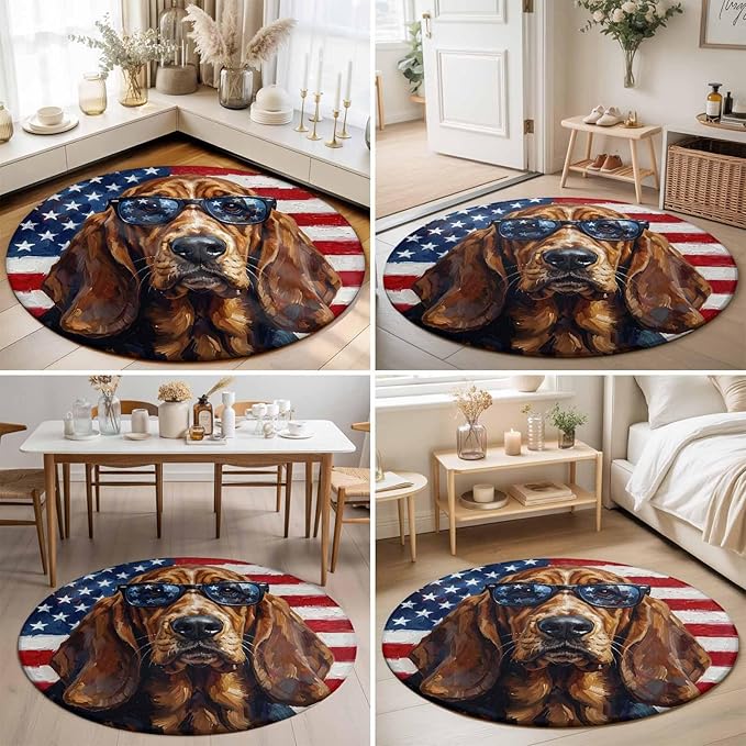 Washable Round Area Rug Independence Day USA Flag Circle Rugs Floor Carpet for Living Room Bedroom, Basset Hound Patriotic Sunglasses Soft Non Slip Round Rug 5ft