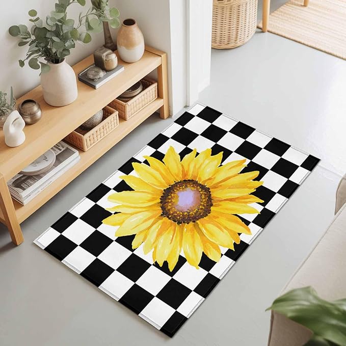 Area Rug 2x3ft, Watercolor Sunflower on Checkered Washable Rugs for Living Room Bedroom, Yellow Black White Soft Non-Slip Area Rugs Rectangle Floor Carpet for Dining Room