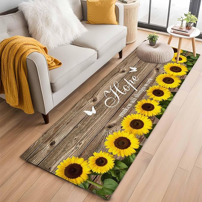 Runner Rug for Bedroom Hallway, Farm Sunflower Positive Energy Quote Kitchen Runner Rugs Area Rug 2x6ft, Retro Dark Brown Wood Grain Washable Soft Floor Carpet for Entryway Stair