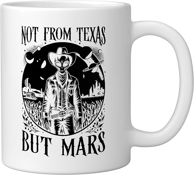 Alien Lover Flying Saucer UFO Extraterrestrial Cowboy Ceramic Mug, White