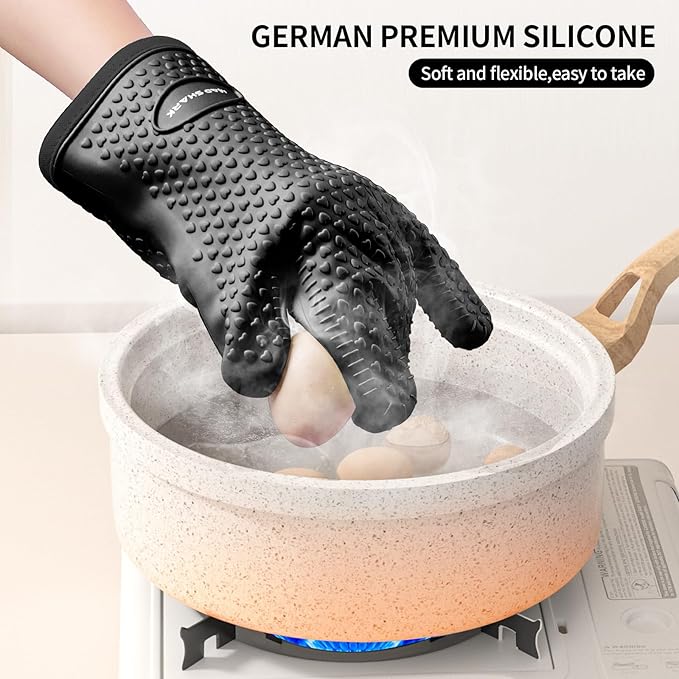 MAD SHARK Silicone Oven Mitts Heat Resistant 450°F,Waterproof & Non-Slip Oven Gloves with Fingers,Cotton Lined Silicone Oven Gloves Kitchen Mitts for Baking Cooking Barbecue,Women,Oven(Black)