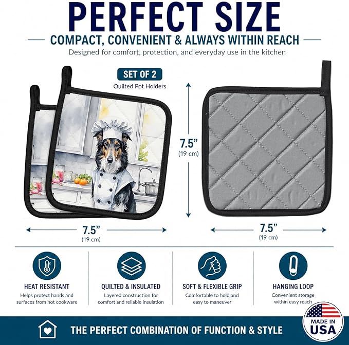 Caroline's Treasures Borzoi The Chef Pair of Pot Holders Kitchen Heat Resistant Pot Holders Sets Oven Hot Pads for Cooking Baking BBQ, 7 1/2 x 7 1/2