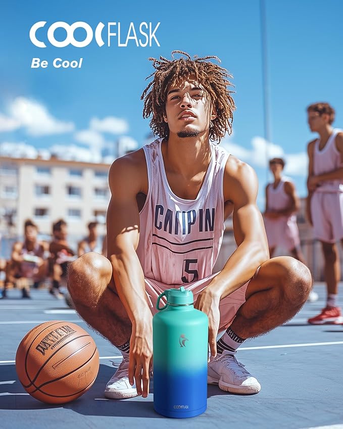 Coolflask 128 oz Gallon Water Bottle Insulated with Straw&3 Lids, Water Jug Large Stainless Steel Metal Vacuum Wide Mouth for Sports, Gym or Office, Non-BPA Keep Cold 48H Hot 24H, Pacific Prince