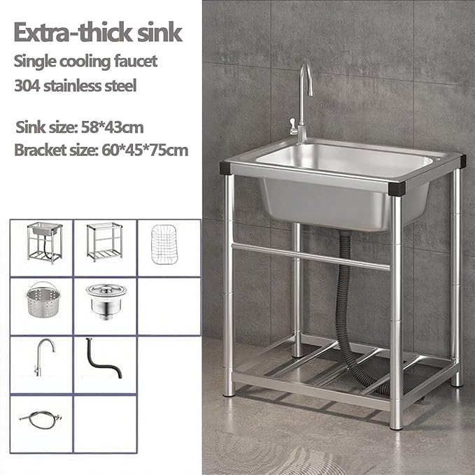 Outdoor Stainless Steel Utility Sink,Standalone Stainless Steel Sink,Small Stainless Steel Utility Kitchen Sink Tub with Storage Shelve and Faucet for Restaurant,Bar,Laundry, Garage, Backyard