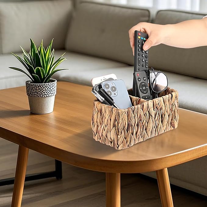 BTSKY Handwoven Remote Control Holder for Table, Natural Water Hyacinth Remote Organizer Caddy Small Wicker Storage Basket, 2-Compartment Office Supplies Desk Organizer Rustic Makeup Brushes Holder