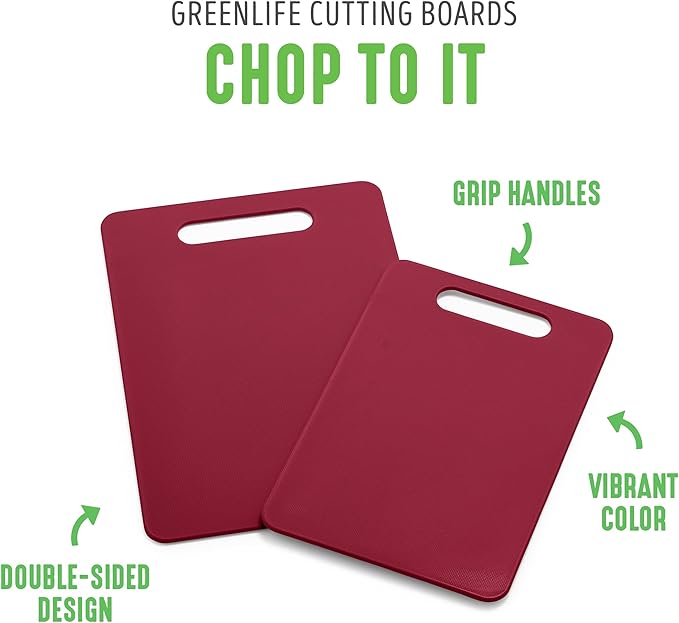 GreenLife Cutting Board Set 8x12" & 10x14", Extra Durable, Meal Prep, Non-Slip, Grip Handles, Crack Resistant, Dishwasher Safe, Reversible, Versatile Kitchen Essentials, Red