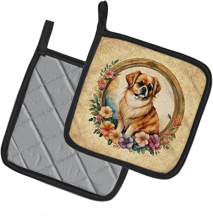Caroline's Treasures Tibetan Spaniel and Flowers Pair of Pot Holders Kitchen Heat Resistant Pot Holders Sets Oven Hot Pads for Cooking Baking BBQ, 7 1/2 x 7 1/2
