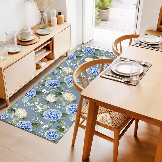 Runner Rug for Bedroom Hallway, Watercolor Purple White Hydrangea Kitchen Runner Rugs Area Rug 2x6ft, Spring Flower on Gray Blue Washable Soft Floor Carpet for Entryway Stair