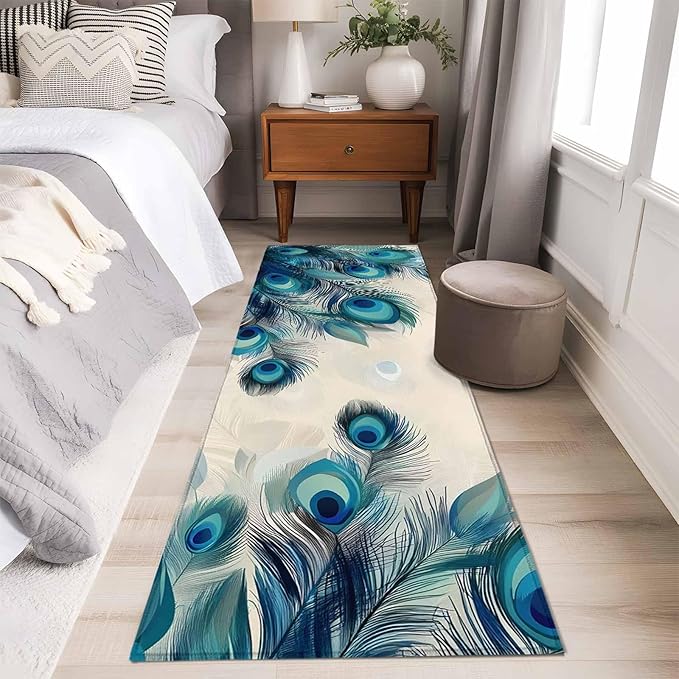 Runner Rug for Bedroom Hallway, Abstract Animal Art Peacock Feather Kitchen Runner Rugs Area Rug 2x6ft, Watercolor Blue Eyes Beige Washable Soft Floor Carpet for Entryway Stair