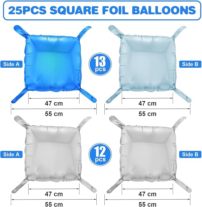 Blue Silver Square Foil Balloon Wall,25Pcs Double Sided Balloons Backdrop Helium Polyester Film Balloon Tunnel Arch Garland Kit for Birthday Bridal Anniversary Baby Shower Party Decorations