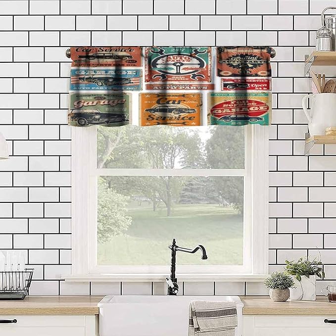 Retro 1950s Valances Curtains Vintage Car Signs Automobile Advertising Repair Vehicle Garage Servicing, Windows Short Curtain Valance for Kitchen Bedroom with Rod Pocket, One Panel 54X18 Inches
