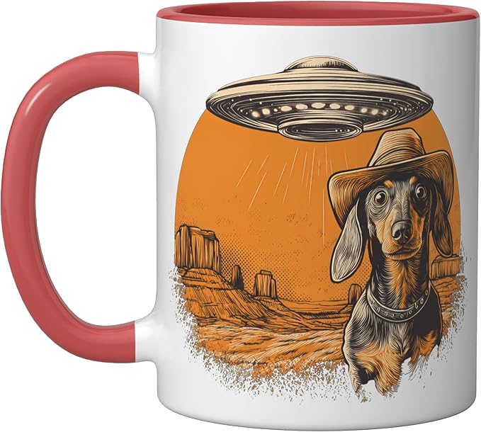 Retro Western UFO Dachshund Cowboy Alien Sci Fi Desert Ceramic Mug, Red/White