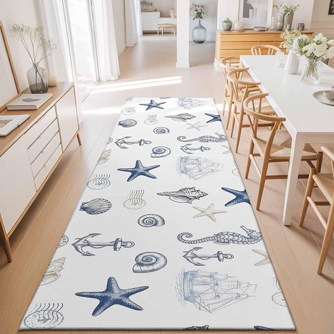 Runner Rug for Bedroom Hallway, Ocean Starfish Seahorse Shell Conch Kitchen Runner Rugs Area Rug 2x6ft, Nautical Compass Anchor Washable Soft Floor Carpet for Entryway Stair