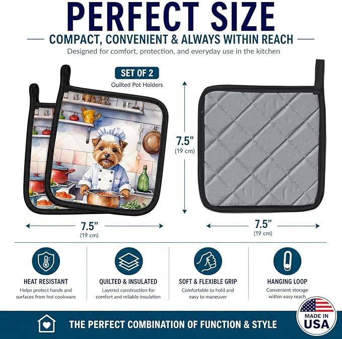 Caroline's Treasures Norfolk Terrier The Chef Pair of Pot Holders Kitchen Heat Resistant Pot Holders Sets Oven Hot Pads for Cooking Baking BBQ, 7 1/2 x 7 1/2
