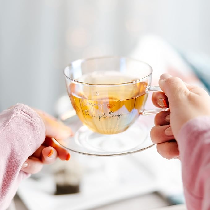 Pavilion Gift Company - Enjoy The Simple Things - 7-ounce Glass Teacup with Saucer Set, Iridescent Coffee Cup, Butterfly Teacup, 1 Count - Pack of 2