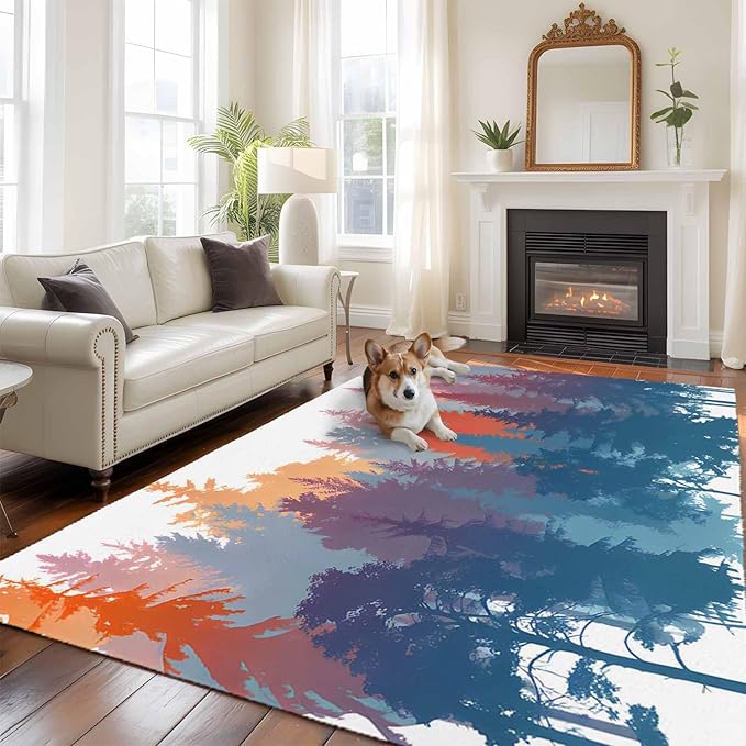Area Rug 6x9ft, Abstract Trees Forest Silhouette Washable Rugs for Living Room Bedroom, Natural Scene Plants Soft Non-Slip Area Rugs Rectangle Floor Carpet for Dining Room