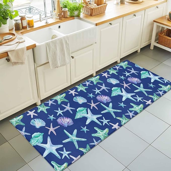 Runner Rug for Bedroom Hallway, Summer Starfish Shell Conch Kitchen Runner Rugs Area Rug 2x6ft, Marine Creature on Blue Washable Soft Floor Carpet for Entryway Stair