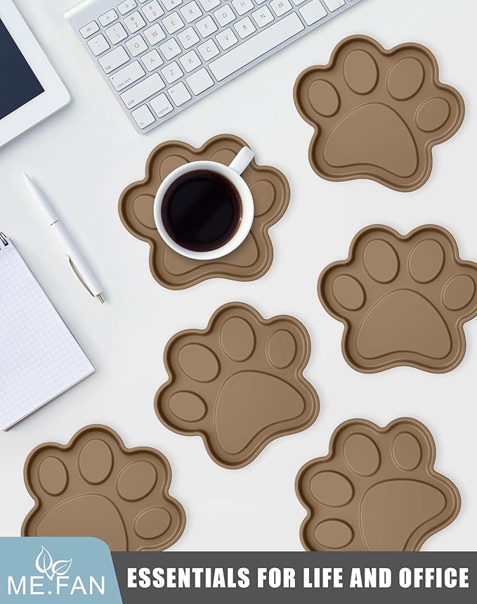 ME.FAN Silicone Coasters 6 Pack Paw Cup Mat with Holder, Dog Cat Paw Shape, for Hot or Cold Drink, Non-Slip, Non-Stick, Room Decor, Housewarming Coffee
