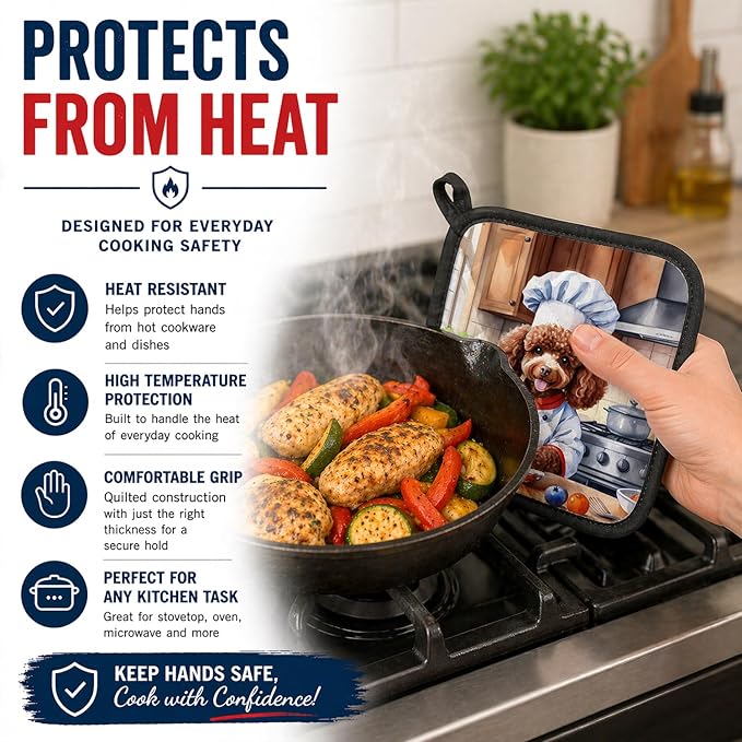 Caroline's Treasures Chocolate Poodle The Chef Pair of Pot Holders Kitchen Heat Resistant Pot Holders Sets Oven Hot Pads for Cooking Baking BBQ, 7 1/2 x 7 1/2