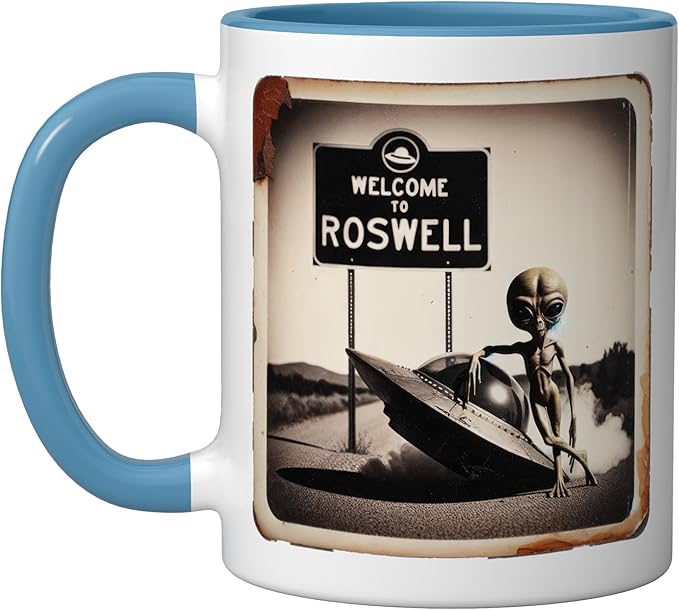 Vintage Alien UFO Crash At Roswell 1947 Photo Ceramic Mug, Blue/White