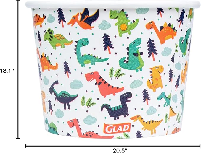 Glad for Kids Dinosaurs Paper Snack Bowls, Colorful Heavy Duty Microwave Safe Disposable Bowls for Soup, Ice Cream, and Snacks, Lids Not Included, Multicolor, Party Pack, 12 Oz, 20 Count - 24 Pack