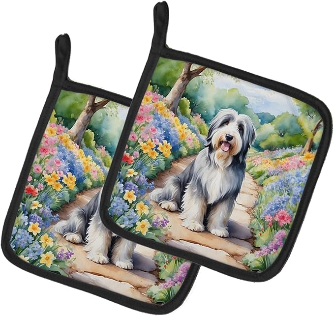 Caroline's Treasures Bearded Collie Spring Garden Pair of Pot Holders Kitchen Heat Resistant Pot Holders Sets Oven Hot Pads for Cooking Baking BBQ, 7 1/2 x 7 1/2