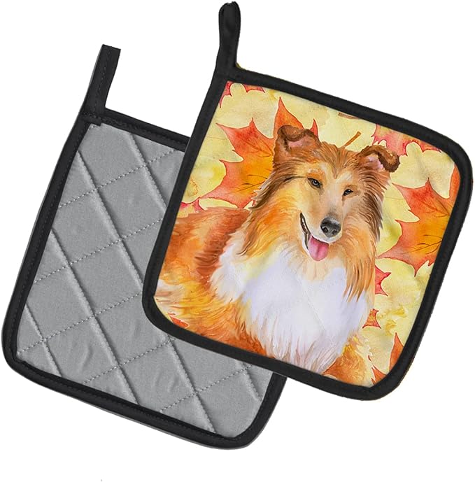 Caroline's Treasures BB9981PTHD Sheltie Fall Pair of Pot Holders, Yellow Kitchen Heat Resistant Pot Holders Sets Oven Hot Pads for Cooking Baking BBQ, 7 1/2 x 7 1/2