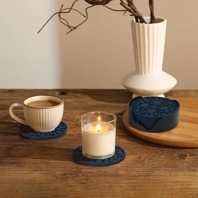 Blue Silicone Coasters with Holder, 4 Inch Non-Slip Round Coffee Cup Mats, Modern Drink Coaster Set of 6 for Desk, Table, Coffee, Beer & Beverage, Dishwasher Safe - Housewarming Gift