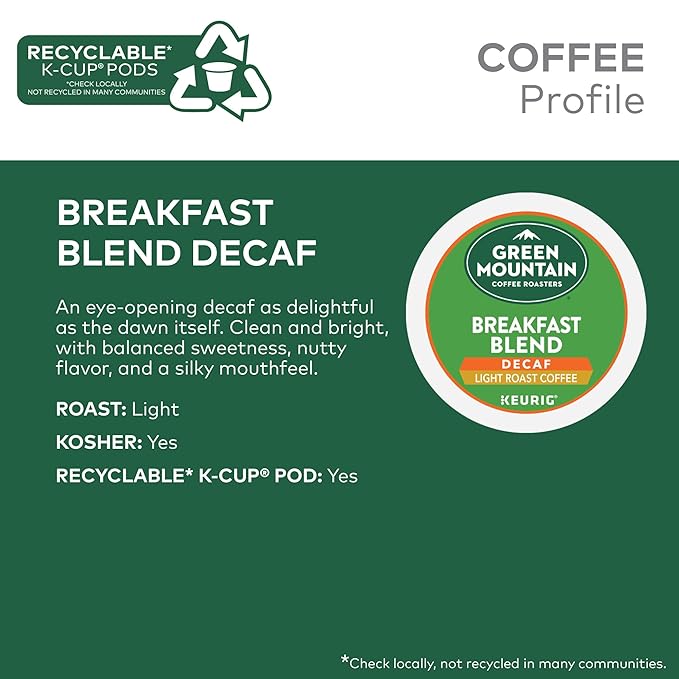 Green Mountain Coffee Roasters, Breakfast Blend Decaf Coffee, Keurig Single-Serve K-Cup Pods, Light Roast, 32 Count