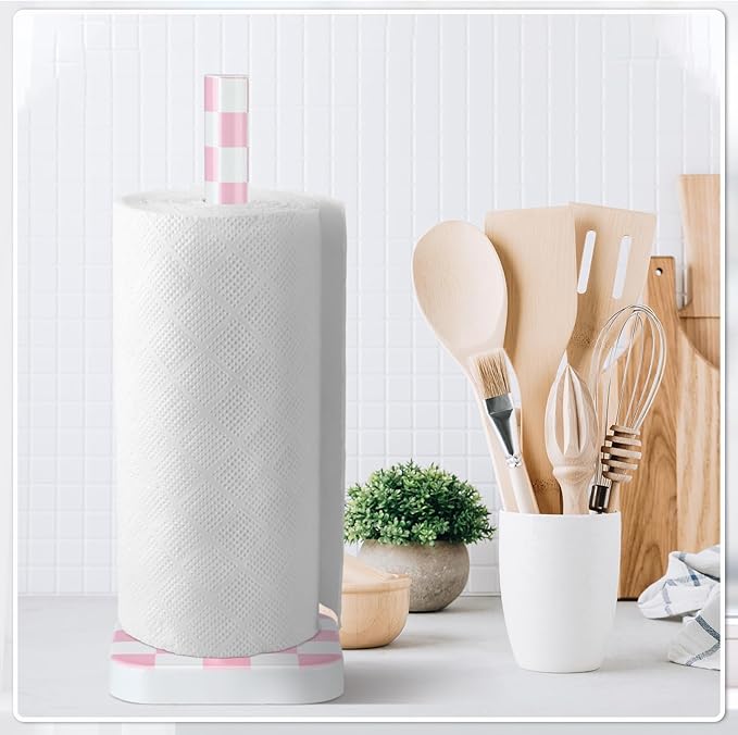 Teenyyou Pink Checkerboard Paper Towel Holder Countertop Wood Standing Paper Roll Holder with Anti Skid Base Pink Decorative for Kitchen Bathrooms Living Room