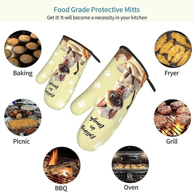 Wyayzh Funny Cat Chef Oven Mitts of 2-Pack Set, Rolling in Dough Kitchen Gloves Heat Resistant Non-Slip Kitchen Mitts Safe Cooking Baking Grilling