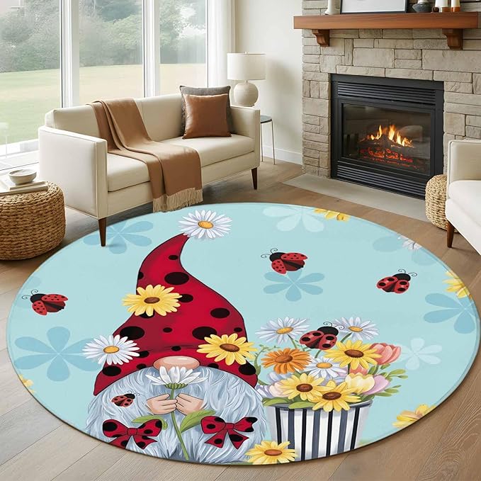 Washable Round Area Rug Summer Ladybug Gnome Daisy Flower Circle Rugs Floor Carpet for Living Room Bedroom, Watercolor Bloom Floral on Blue Soft Non Slip Round Rug 5ft