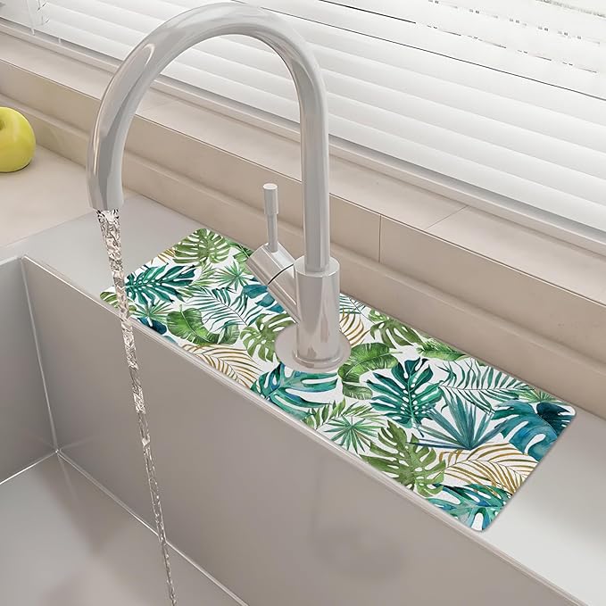 15" X 5.5" Kitchen Sink Splash Guard Faucet Mat Leaf Super Absorbent Fast Drying Faucet Guard & Draining Mat Sink Splash Guard Behind Faucet for Kitchen, Bathroom