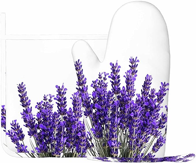 Mxocom Lavender Flowers Oven Mitts and Pot Holders Sets Purple Blooming Flower Silicone Heat Resistant Kitchen Oven Gloves Pot Holder for Cooking