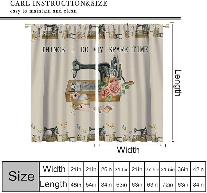 Sewing Theme Curtain,Sewing Machine Rose Flower Pattern Window Treatment Curtains Home Decor for Bedroom Cafe Dining Room Office Living Room Kitchen Drapes, 52x84 in