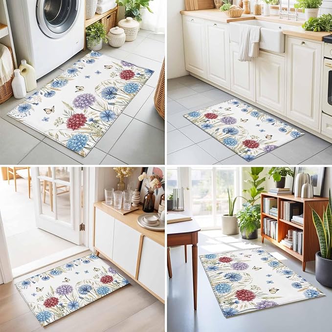 Area Rug 2x3ft, Watercolor Hydrangea Flower Washable Rugs for Living Room Bedroom, Garden Floral Butterfly Leaves Soft Non-Slip Area Rugs Rectangle Floor Carpet for Dining Room