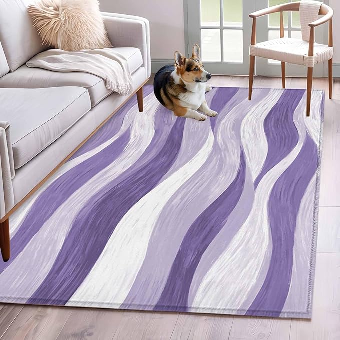 Area Rug 4x6ft, Abstract Lavender Purple White Water Ripples Washable Rugs for Living Room Bedroom, Modern Art Soft Non-Slip Area Rugs Rectangle Floor Carpet for Dining Room
