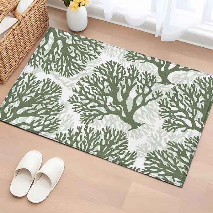 Area Rug 2x3ft, Deep Forest Green Corals Washable Rugs for Living Room Bedroom, Retro Marine Life Soft Non-Slip Area Rugs Rectangle Floor Carpet for Dining Room