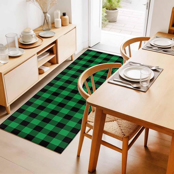 Runner Rug for Bedroom Hallway, St. Patrick's Day Lucky Green Black Plaid Kitchen Runner Rugs Area Rug 2x6ft, Buffalo Lattice Washable Soft Floor Carpet for Entryway Stair
