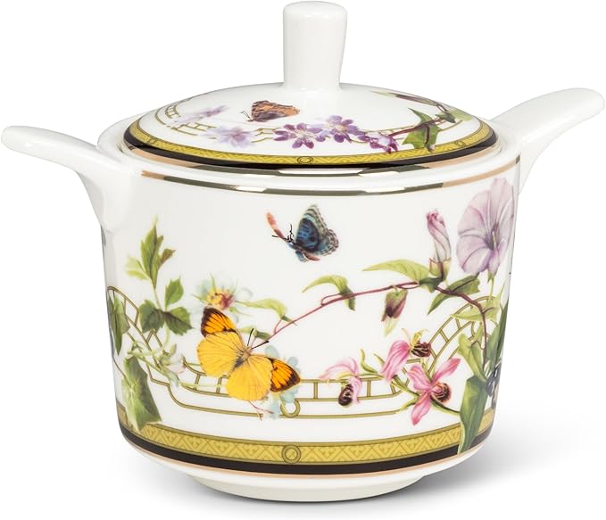 Abbott Collection Butterfly Garden Sugar Pot - Bone China, White/Green (4"H)