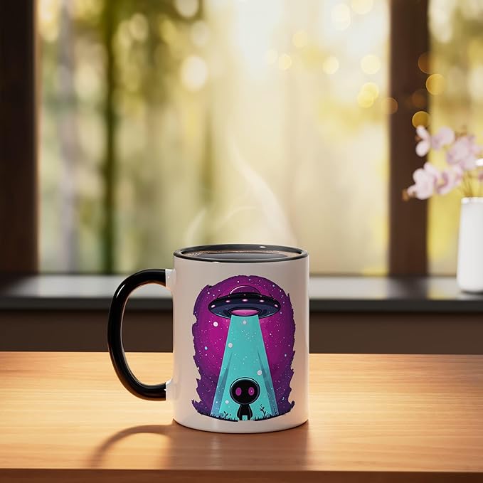 Cute Alien Abduction UFO Retro Space Sci Fi Kawaii Ceramic Mug, Black/White