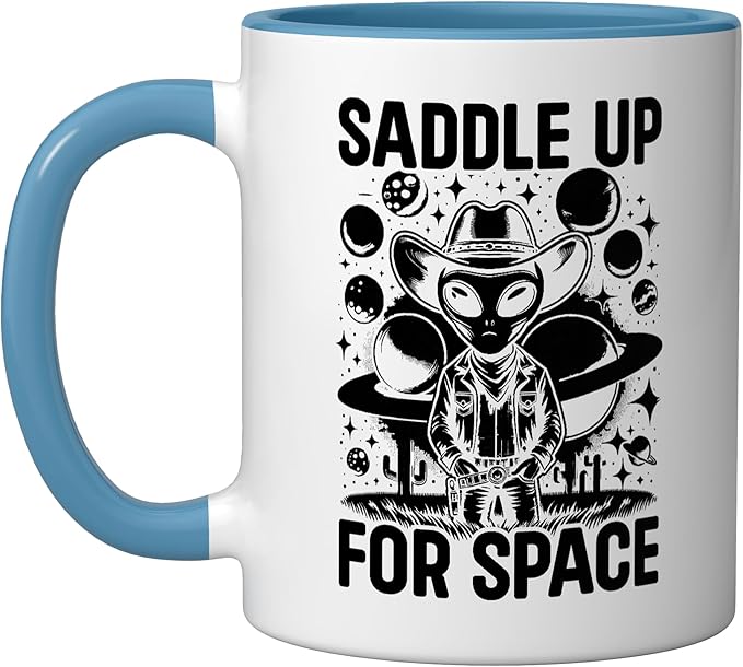 Alien Lover Flying Saucer UFO Extraterrestrial Cowboy Ceramic Mug, Blue/White