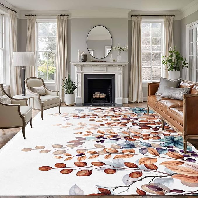 Area Rug 9x12ft, Fall Orange Watercolor Eucalyptus Leaves Washable Rugs for Living Room Bedroom Rectangle Floor Carpet, Fallen Leaf on White Soft Non-Slip Area Rugs for Dining Room