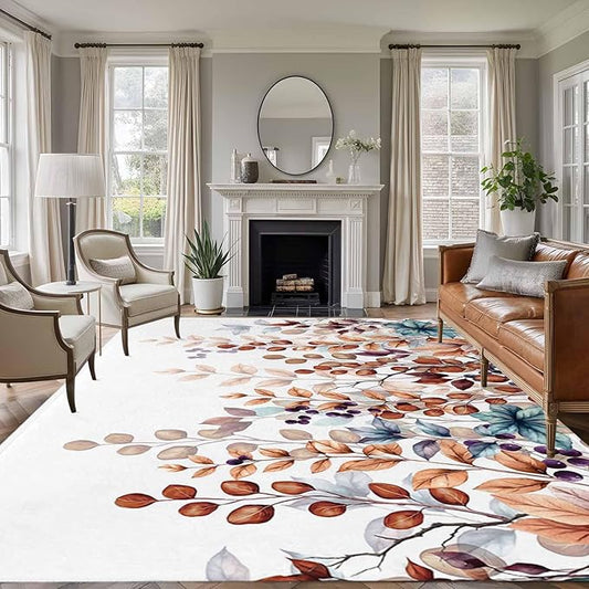 Area Rug 9x12ft, Fall Orange Watercolor Eucalyptus Leaves Washable Rugs for Living Room Bedroom Rectangle Floor Carpet, Fallen Leaf on White Soft Non-Slip Area Rugs for Dining Room