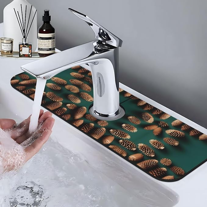 Pine Cone Border Printed Faucet Absorbent mat, Suitable for bathrooms, Kitchens, and Other Sink Areas.