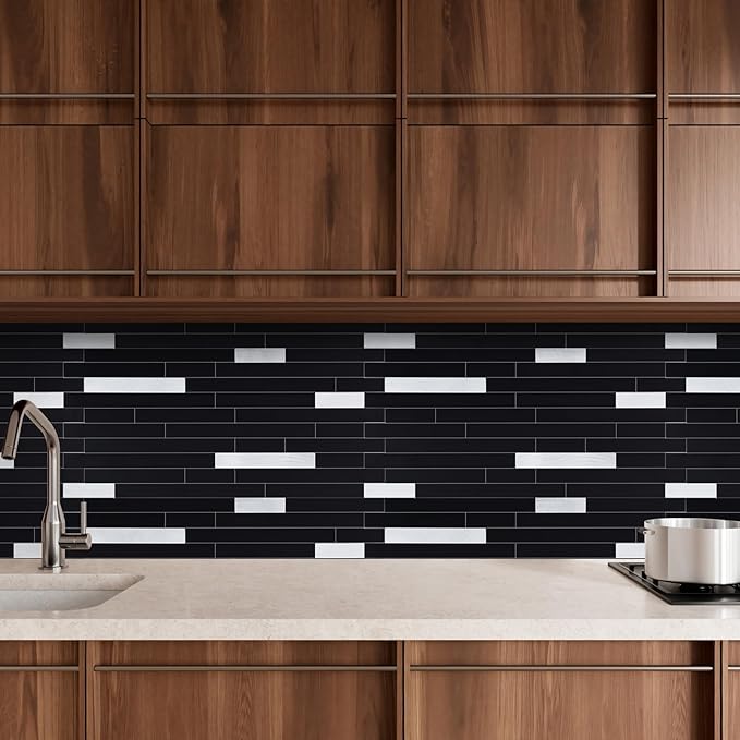 Yipscazo 20 Sheets Peel and Stick Stone Metal Tile Backsplash, Stick on Tiles for Backsplash Kitchen, Bathroom, Laundry Room, Camper, Fireplace (12'' X 12'', Polished Pure Black)