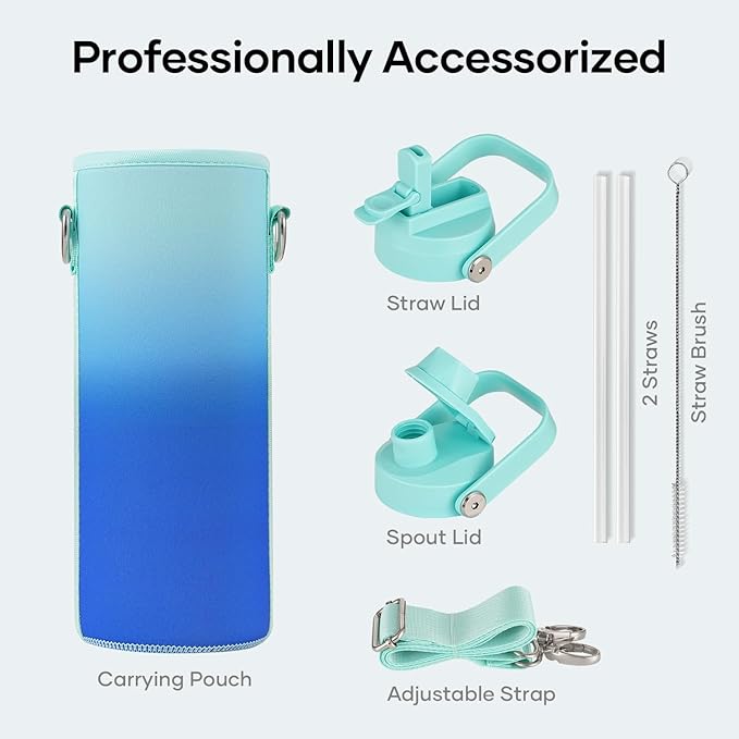 BUZIO 24 oz Insulated Water Bottle, Stainless Steel Wide Mouth Water Flask with Straw Lid, Cold for 48 Hrs Leak Proof Metal Hydro Thermo Canteen Mug, Caribbean Blue