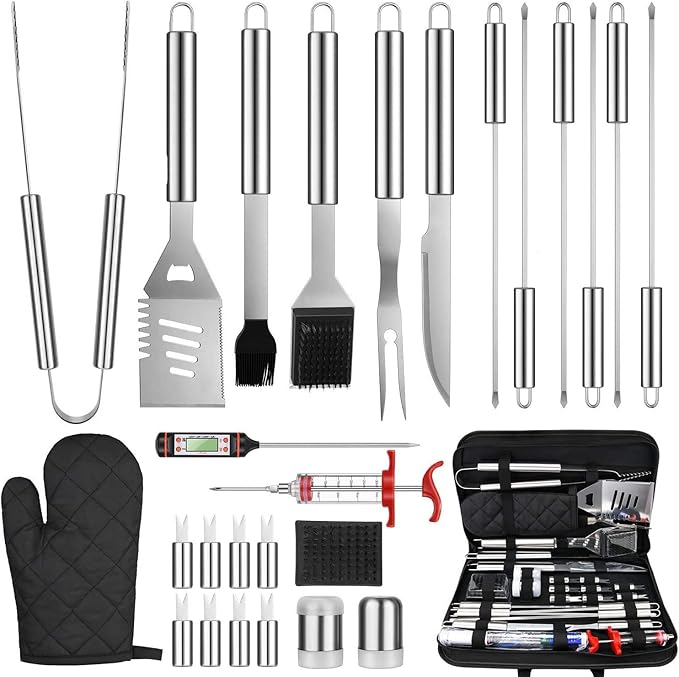 27 Pcs Grill Utensils Set for Outdoor Grill – Stainless Steel BBQ Tools Grilling Tools Set, Organized in Case with Thermometer, Injector & More – Complete Kit for Cooking, Camping & Backyard Barbeque